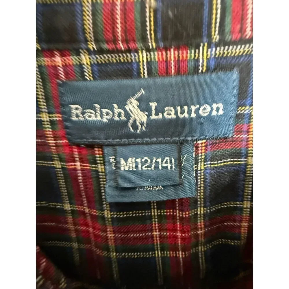 Ralph Lauren Boys Plaid Button Down Shirt M 12/14 Tartan Red Green Blue Holiday